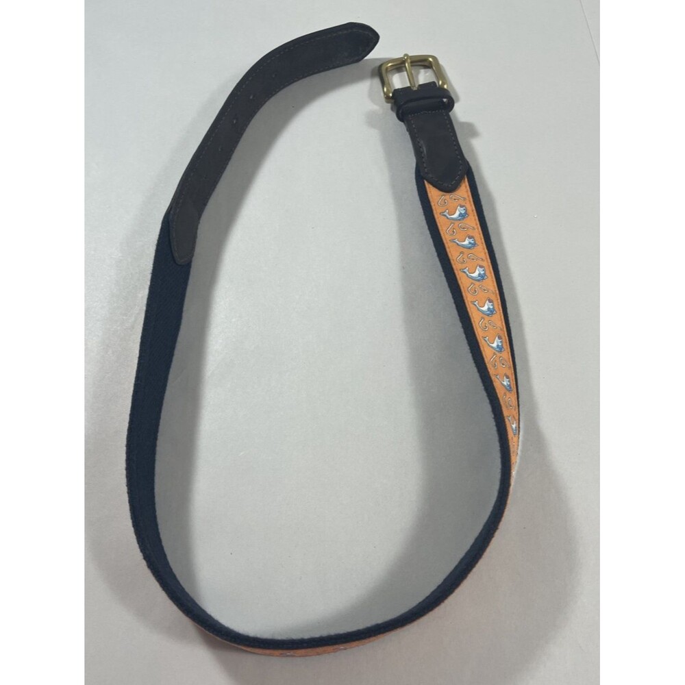 Vineyard Vines Men Leather Canvas Orange Belt Fish & Hook Print Brass Buckle 32